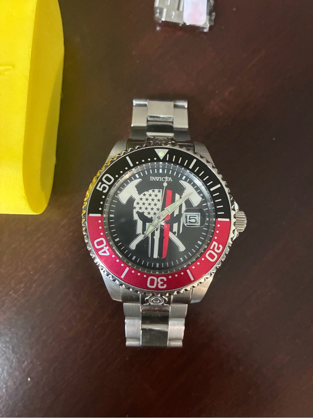 Invicta Firefighter Punisher Stainless Steel Watch wi Black Dial and Red Bezel